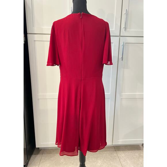 LAUREN Ralph Lauren Red Chiffon Dress Women's Sz 12 Midi Blue Label Short Sleeve - Picture 4 of 6